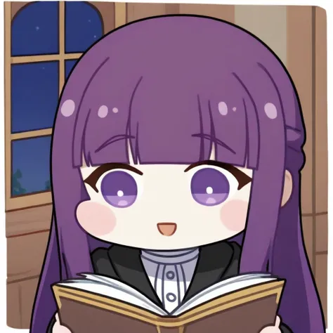 1girl,solo,fern_(sousou_no_frieren),purple_hair,book,purple_eyes,holding,long_hair,open_mouth,holding_book,smile,reading,indoors,window,night,:d,open_book,blunt_bangs,blush,black_robe,robe,black_coat,upper_body,hood,night_sky,coat,<lora:euyueuy_ill-xl-0000...