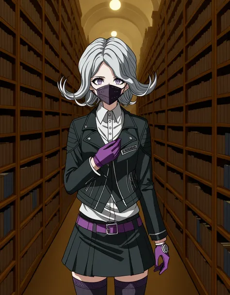 <lora:Seiko_Kimura_SDXL:1>, Danganronpa sprite style. , ((black slip miniskirt)), Seiko Kimura is wearing her future arc uniform. Seiko Kimura is a short woman with purple eyes and a sickly complexion. She has pale grey hair and a respirator mask covering ...