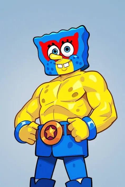 Score_9, Score_8_up, Score_7_up, 1boy ,sbrpimo , yellow skin , blue mask , square head , yellow skin , blue pants , bracelet,  looking_at_viewer , belt  simple background ,  shirtless ,smile