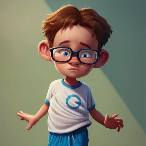 lucasnickle, freckles, blue eyes, brown hair, short hair, neatly combed hair, blue eyes, wearing glasses, t-shirt , blue shorts, sneakers, 1boy, solo, male child, male focus,, source_cartoon, rating_safe, , score_9, score_8up, score_7up, score_6up, score_5...