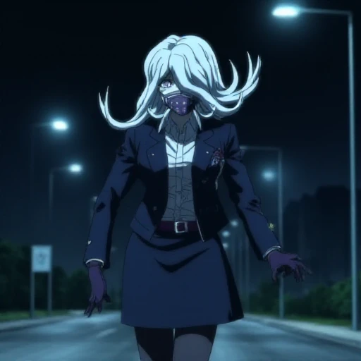 <lora:Seiko_Kimura_Flux:1>, This is an anime screencap from Danganronpa The Animation. Seiko Kimura is wearing her future arc uniform. Seiko Kimura is a short woman with purple eyes and a sickly complexion. She has pale grey hair and a respirator mask cove...