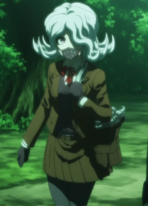 <lora:Seiko_Kimura_Flux:1>, This is an anime screencap from Danganronpa 3. Seiko Kimura has shoulder length pale grey hair that is styled in a slight bouffant. Seiko has purple eyes, and a pale complexion. Her left eye is covered by her hair. Shes wearing ...