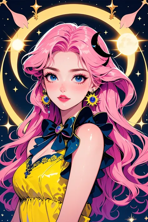 Cygnus, female idol album cover, a mature woman, pink long hair, blue eyes, wearing a sweet yellow long dress, small sun stud earrings on her ears, bow tie, deep solid color pattern background, embellished with the moon and stars, highly saturated color sc...