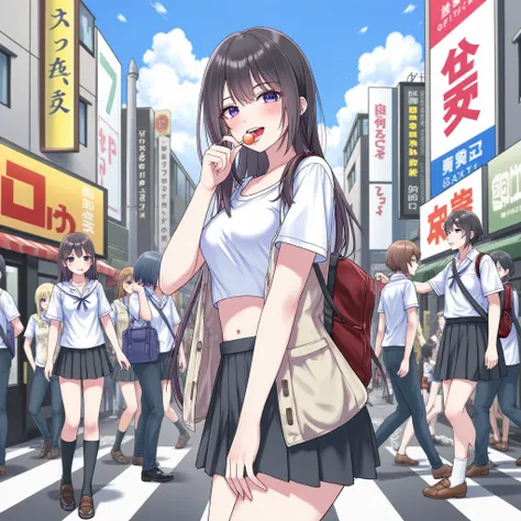 An anime-style image of a high school teenager girl, with her upper torso half-tilted toward the viewer. She holds a lollipop in her mouth, exuding a playful, slightly seductive expression smiling, looking in camera. The girl wears a short white blouse and...