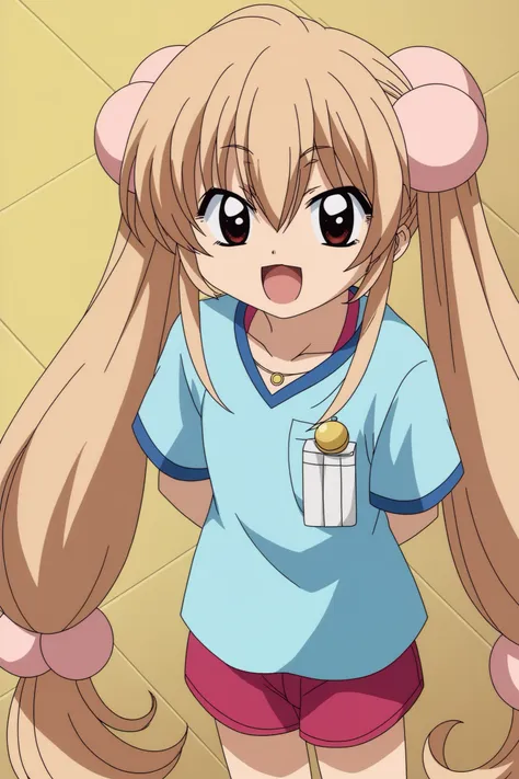 anime girl with long blonde hair and a blue shirt