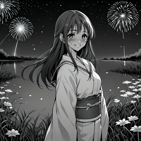 score_9,score_8_up,score_7_up,score_6_up,score_5_up,score_4_up,
anime eyes, long hair, white background, serafuku, kimono, monochrome, manga style
flower petal neckless 
single women, starting at viewer, smiling.
crying, blushing.
dark lake, grass, firewor...