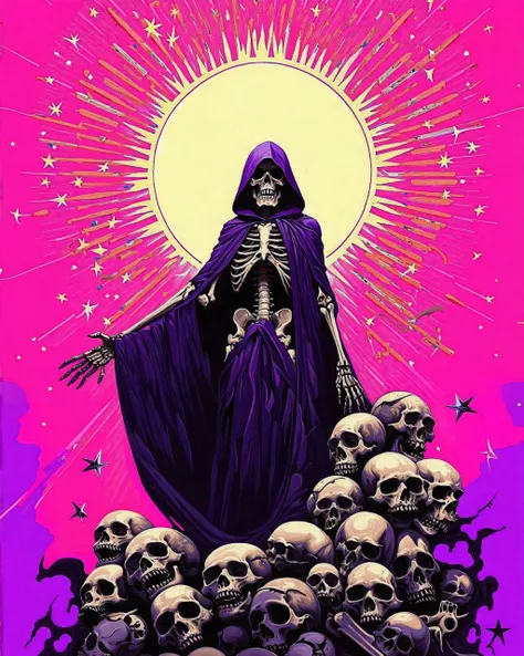 db4rz style, hooded skeleton figure, dark cloak, numerous skulls, outstretched hand, radiant halo, pink and purple background, s...