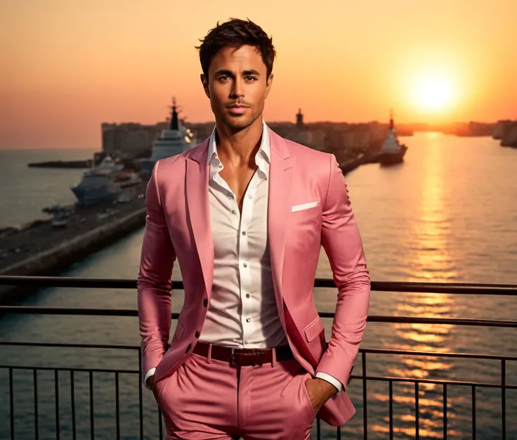 Nautical-themed (Photo:1.3) of (Ultrarealistic:1.3) <lora:Man_Men_FFashion:1> Enrique Iglesias a man <lora:Enrique-Iglesias-000001:1>, in a pink suit standing on a balcony, handsome man, attractive man, handsome male, sun behind him, inspired by Pablo Muno...