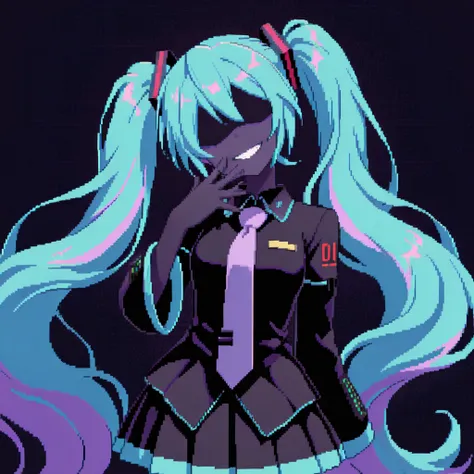 masterpiece, best quality, miku, aqua hair, purple hair, faceless, streaks, cowboy shot, dark background, modern pixel art neon hair streaks, purple necktie, black shirt, glowing necktie, shoulder mark, flat color, limited palette, no lineart, skirt, evil,...