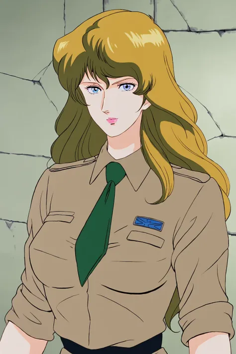 changelheart, 1girl, solo, blue eyes, blonde hair, long hair,  military uniform, green necktie, rolled sleeves, standing, upper body, medium breasts, (looking at viewer:1.2), mature female, masterpiece, best quality, anime coloring