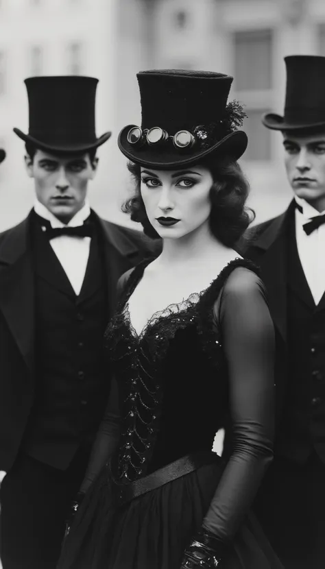 ArsMovieStill, movie still from a 1910s retro future  movie, The image shows a woman in a black dress and top hat standing next to two men wearing top hats. The woman has a human face and the two men are wearing suits., 1girl, monochrome, multiple boys, ha...