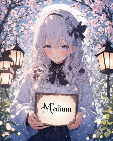 anime girl with long, flowing white hair stands gracefully in the center of a serene, moonlit garden. She gazes directly at the viewer with a gentle and enigmatic expression, her bright eyes reflecting the soft glow of lanterns scattered around her. In her...