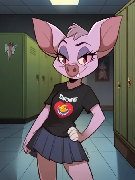 score_9, score_8_up, score_7_up, score_6_up, score_5_up, score_4_up, source_furry, anthro bat, Femme_Bat, black t-shirt, band logo, skirt, school, hallway, lockers, poster, bulletin board, detailed face, detailed eyes, detailed background, <lora:femme-bat-...