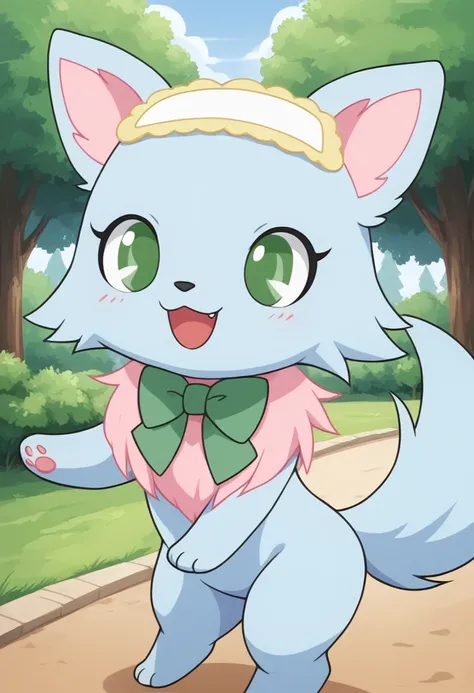 score_9, score_8_up, score_7_up, score_6_up, score_5_up, BREAK
m1lky, anthro, female, jewelpet, solo, bow, green eyes, green bowtie, no humans, :3, park, blue fur, standing, happy, smile, open mouth, cute, kawaii