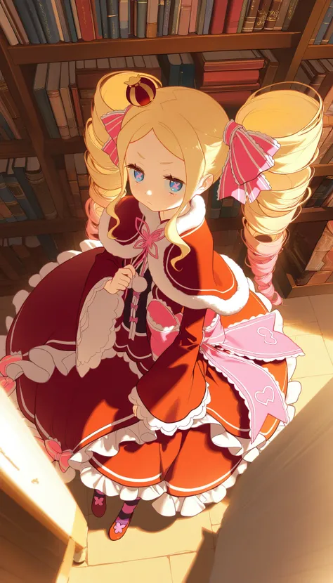 1girl, 
beatrice (re:zero), 

artist:rella, artist:rafaelaaa, artist:redum4, illustration, solo, fur-trimmed capelet, red dress, neck ribbon, pom pom (clothes), wide sleeves, frills, striped pantyhose, pov, portrait, from above, looking at viewer, darkroom...