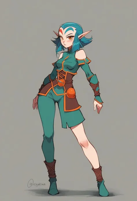 score_9, score_8_up, score_7_up, Shimy, turquoise hair, short hair, forehead tattoo, two-toned forehead tattoo, red and turquoise forehead tattoo, turquoise clothes, elf, medium breasts, 1girl, orange eyes, solo, grey background, shoulder cutout, long legs...