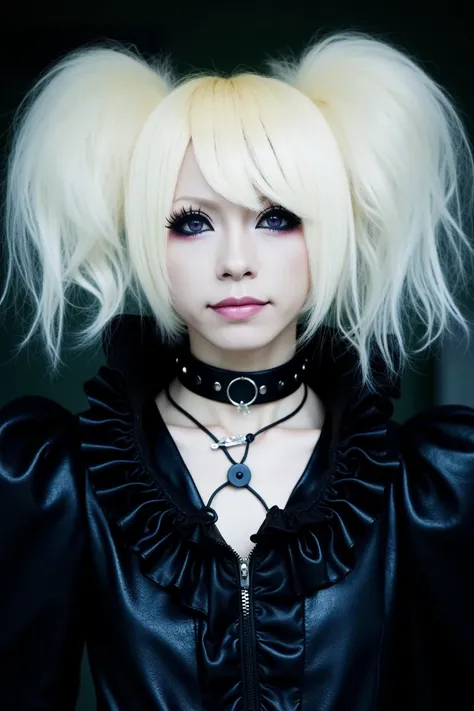 This image is a high-resolution photograph featuring a person with a striking, gothic-inspired appearance. The subject has very pale skin and is dressed in an elaborate, dark ensemble. They have voluminous, platinum blonde hair styled into high, voluminous...