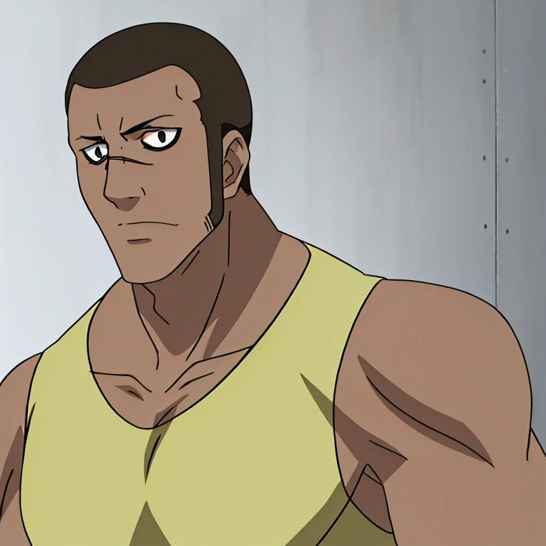 (RAW photo), absurdres, highres, grey background, muscular male, tank top, <lora:DarkerThanBlackPaul:0.75>, dtbpaul, (dark-skinned male:0.8), (dark skin:0.8), digital art, buzz cut, clean-shaven, anime screencap