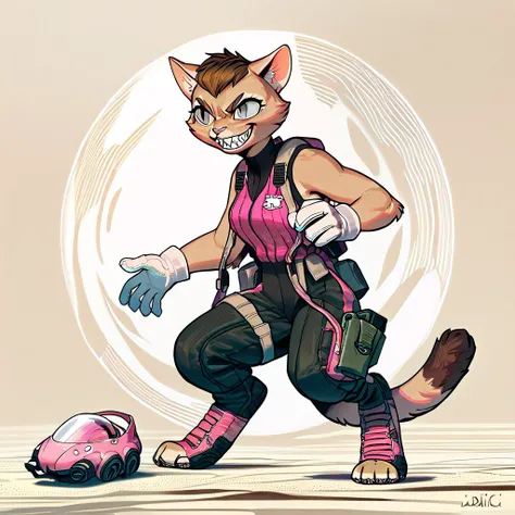 score_9, score_8_up, score_8, score_7, source_cartoon, source_furry, high quality, detailed,
1girl, anthro, female furry, cat, feline, light brown fur, dark brown hair, dipstick tail, silver eyes, full body, pink jump suit, sleeveless, white glove, combat ...