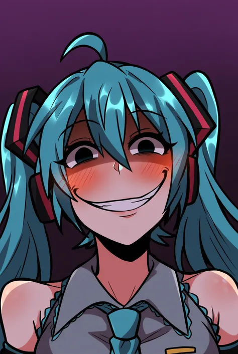 masterpiece, best quality, 1girl, solo, yameroyandere, (crazy smile:1.15), <lora:yameroyandere.safetensors:1.0>, hatsune miku, (dark:1.05), empty eyes, blush,