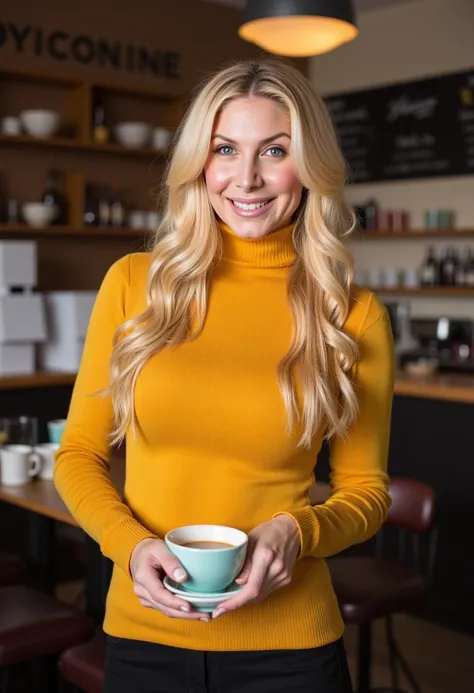 realistic photo of, 1girl, slim body, solo, Eli Mitchell wearing a fitted gold turtle neck sweater, breasts, standing in a cafe holding a coffee, looking at the viewer, smiling  She has long, wavy blonde hair styled in loose waves and 