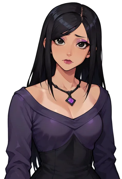 anime artwork, score_9, score_8_up, score_7_up, score_6_up, score_5_up, solo, 1girl, masterpiece, best quality, source_anime, detailed eyes, detailed hair, looking at viewer, mysimsviolet, tan skin, black hair, black eyes, makeup, lipstick, dress, fullbody...