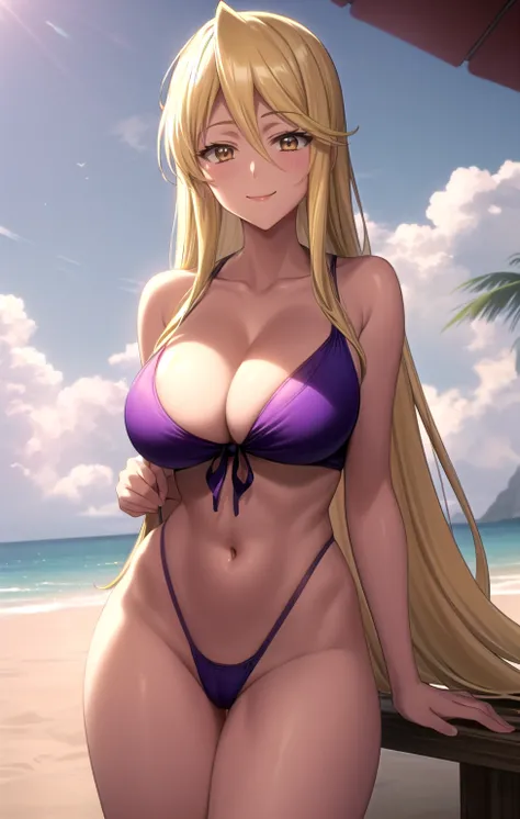 marikawa_shizuka, shizuka_bikini, solo, 1girl, (blonde hair, long hair:1.3), sidelocks, (brown eyes:1.2), (dark-skinned female, dark skin:1.1), (wide hips:1.2), (large breasts:1.2), cleavage, (purple bikini:1.2), (highleg bikini, thong_bikini:1.3), (front-...