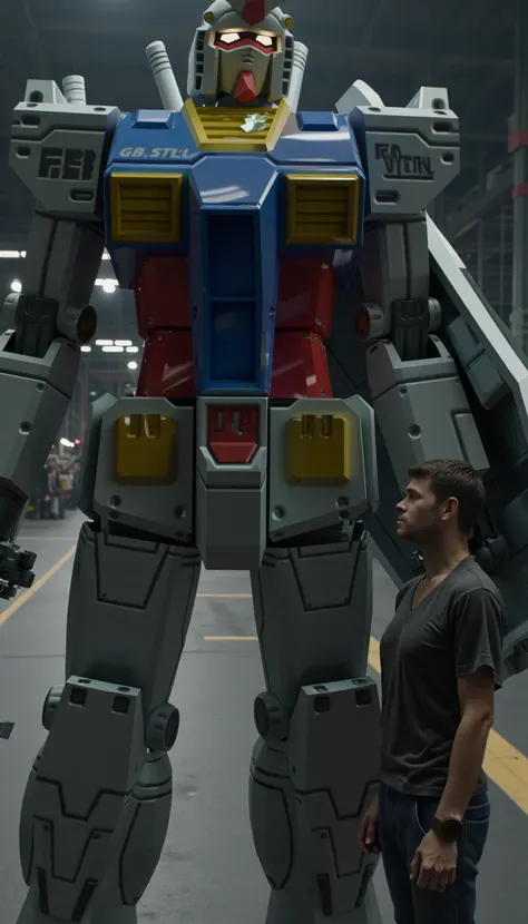 A massive, A colossal robot stands next to a human in a futuristic industrial setting, its mechanical body covered in complex gears, panels, and blinking lights. The robot’s head is tilted slightly, as if acknowledging the human, who appears dwarfed by its...