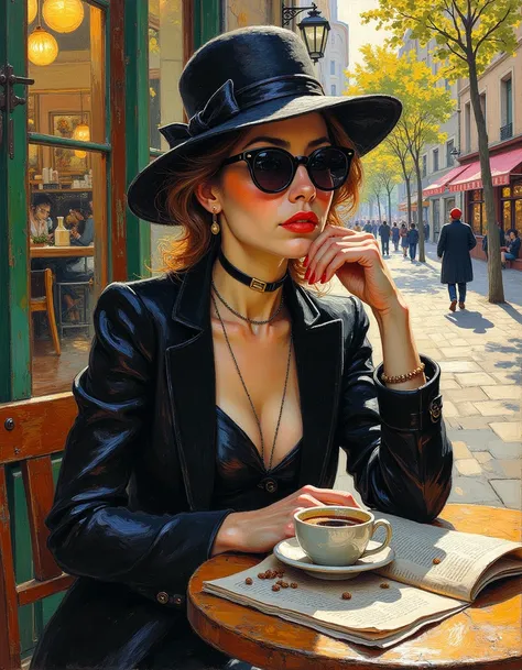 m0d3rn1mpr A mysterious woman in a wide-brimmed hat and dark sunglasses sits at an outdoor cafÃ©, sipping coffee. Sheâs reading a newspaper, but her eyes occasionally flicker to the street, as if expecting someone. Her posture is elegant, but her presenc...