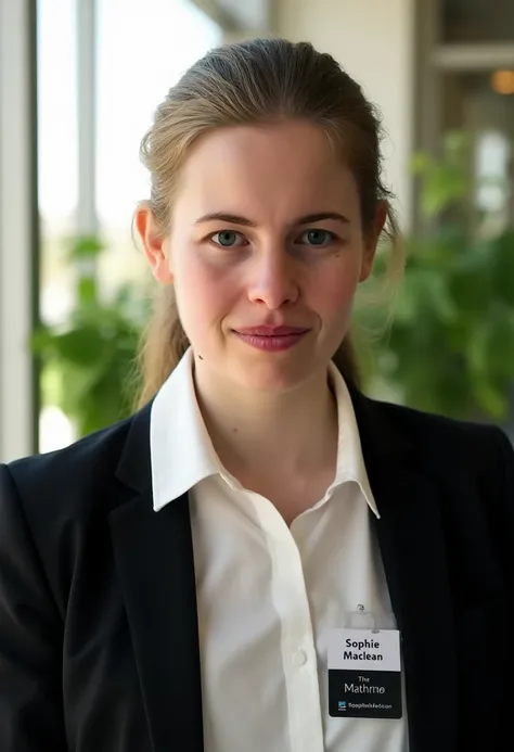 A portrait photo of sophiemaclean, a woman. She is looking straight at the viewer and frowning with a serious and angry expression on her face. She is wearing red lipstick. Her eyebrows and her corners of her mouth are drawn down. Her mouth is closed shut....