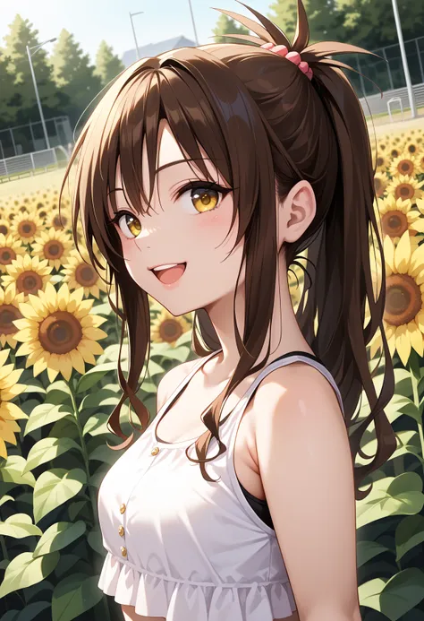 anime girl in a field of sunflowers with a ponytail