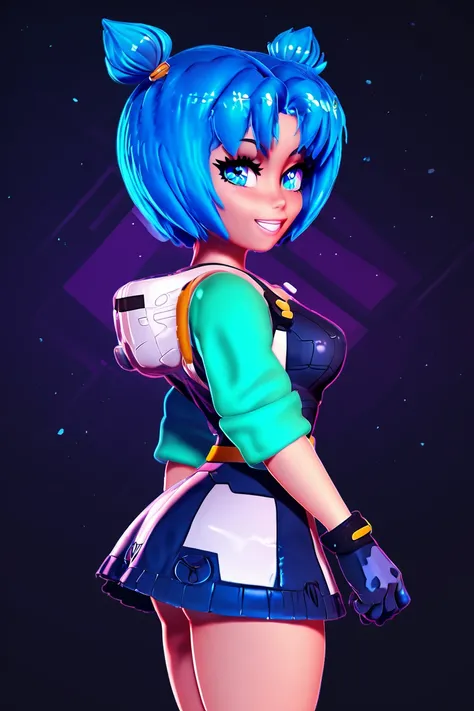 score_9, score_8_up, score_8, big breasts, (curvy), cute, eyelashes,       BREAK, , ,,, zzVela, blue eyes, blue hair, short hair, twintails, short twintails, gloves, skirt,  <lora:VelaJetforce_PDXL:1.0>,  ,,,, BREAK, smile, looking at viewer, cowboy shot, ...