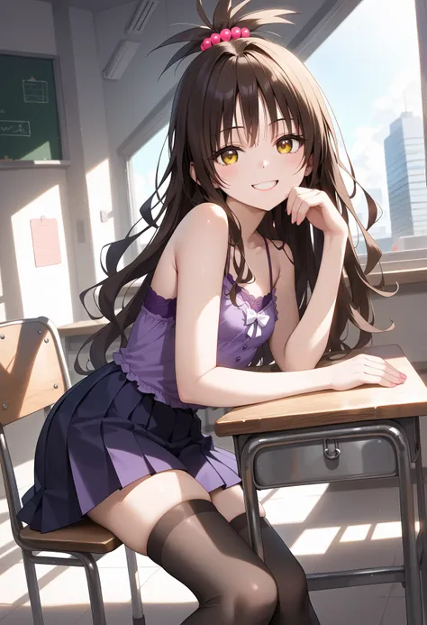 anime girl sitting at a desk with her hand on her chin