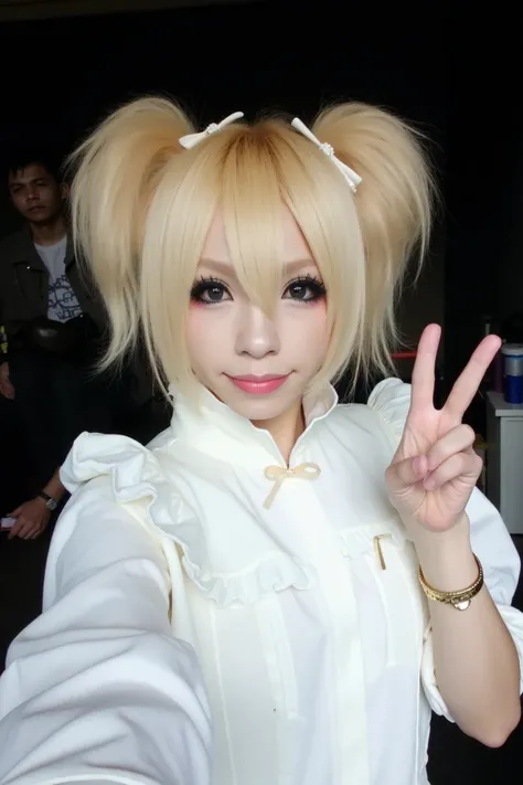 The image is a high-resolution photograph of a young person, likely a woman, posing in a selfie. She is dressed in a white, high-collared blouse with ruffled details and a small, light-colored ribbon bow at the neck. Her hair is styled in two high, volumin...