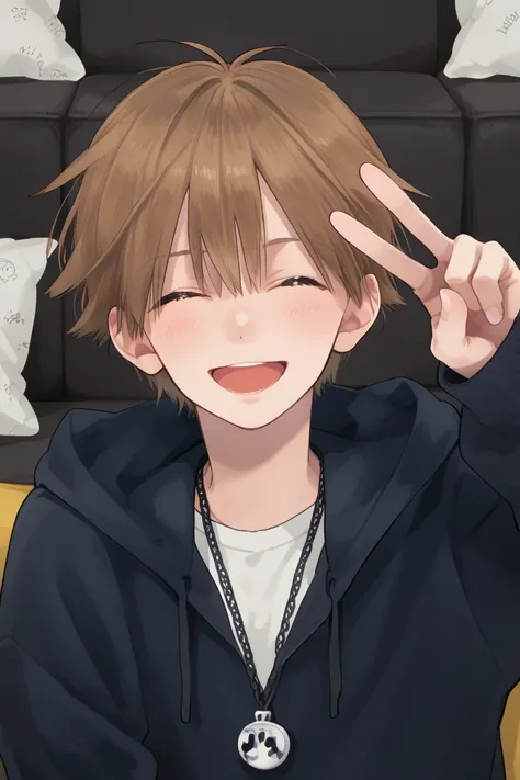 score_9, score_8_up, score_7_up, score_6_up, score_5_up,score_4_up , 
ashiya kakeru, brown hair, green eyes, 1boy, male focus, closed eyes, solo, open mouth, smile, jewelry,  necklace, pointing at self, long sleeves, upper body, short hair, blush, hood, po...