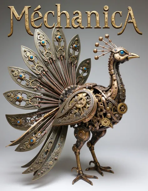 (("Mechanica" is spread across the top of the image in large, steampunk-style metallic font)). Underneath, a mechanical peacock with extravagant metal tail feathers formed from thin layered and etched metal and delicate springs. The gears move to spread th...