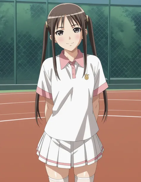 anime screencap, score_9, score_8_up, score_7_up, source_anime BREAK sugiyama mio, 1girl, solo, twintails, outdoors, tennis court, chain-link fence BREAK tennis uniform, pink collared shirt, short sleeves, white pleated skirt, white thighhighs, arms behind...