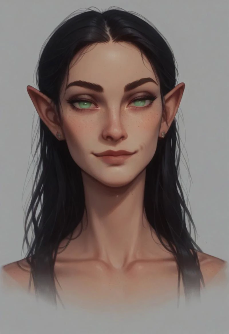 score_9, score_8_up, score_7_up, semi realistic, (portrait:1.4), mood lighting, cinematic lighting, volumetric lighting, (slim fit), toned female, (coy smile, bedroom eyes, head tilt, smirk), BREAK, (slanted eyes, high cheekbones, pronounced bones:1.7), (d...