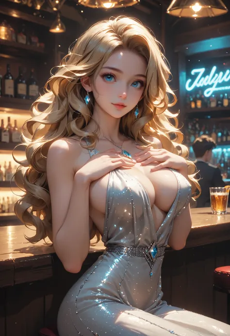 1girl in A sparkling red long dress set with many diamond,jewelry, sittingï¼sexy dress,bar,portraitï¼standing,dancing, hand on chest, Bscore_9,score_8_up,score_8,score_7_up,score_7,1girl,slim fit,big breasts,long blonde wavy hairï¼flowing hair,front_hai...