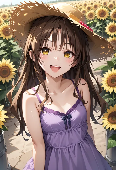 anime girl in a purple dress and straw hat in a field of sunflowers