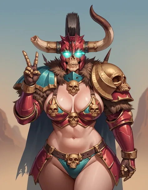 score_9, score_8_up, score_7_up, source_cartoon, 2d, cowboy shot, solo,
Krell, bikini armor, armor, curvy, mature, wide hips, horned helmet, skull, glowing eyes,
skeleton, midriff, ribcage,
looking at viewer, hearts, peace sign,
<lora:Krell:0.8>