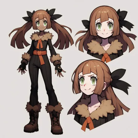 score_9, score_8_up, score_7_up, score_6_up,  tall female, adult, 21 year old, evil dont care attiude, smug smoking pose, villain, fair skin, brown freckles, green eyes, and red shoulder length hair tied into pigtails with black ribbons ., a lighter brown ...