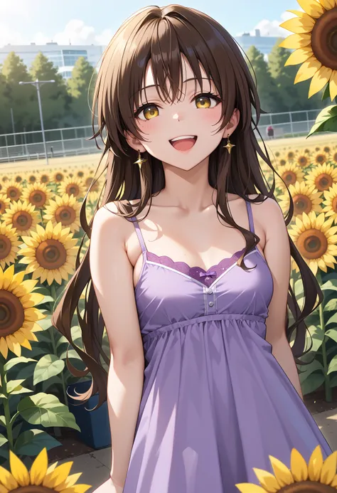 anime girl in purple dress standing in a field of sunflowers