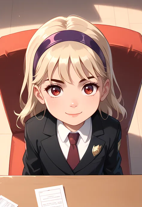 score_7, score_7_up, score_9, score_9_up, BREAK, DC_Justice 1girl, blond hair, red eyes, purple hairband, white shirt, black coat, red tie,insignia, insignia on coat, svil smile,  <lora:Sitting_Across_From_No_Caption_v3:0.4> table,sitting,from above,, (por...