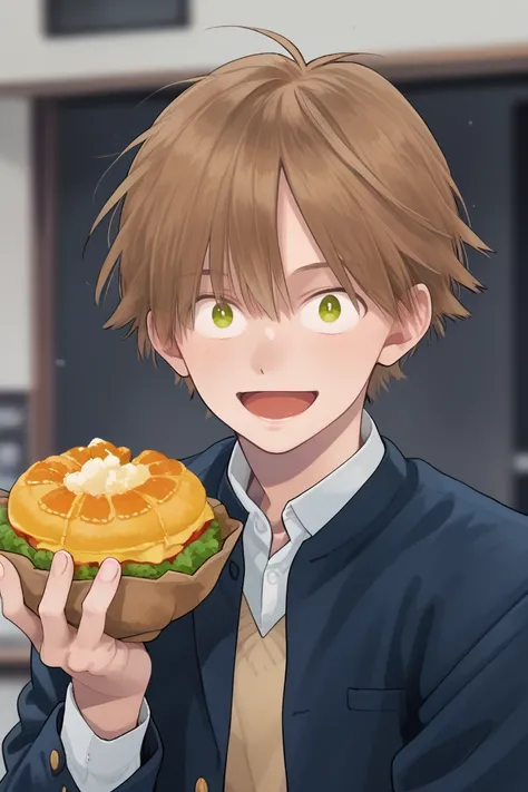 score_9, score_8_up, score_7_up, score_6_up, score_5_up,score_4_up , 
ashiya kakeru, brown hair, green eyes, 1boy, male focus, school uniform, solo, open mouth, gakuran, upper body, smile, looking at viewer, food, bag, holding