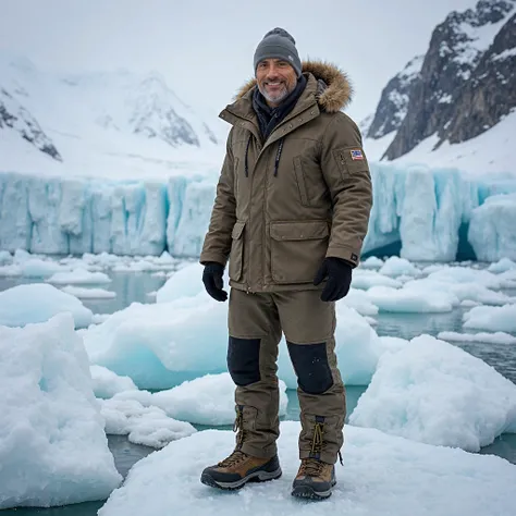 photograph of smiling ohwx man standing on a glacier in Antarctica, with towering snow-capped mountains and endless ice fields stretching out behind him. The cold is palpable, with snowflakes gently falling from the sky. He wears a thick, fur-lined parka w...