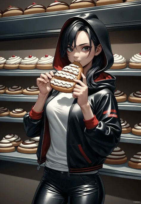 PonyXLV6_Scores BREAK prcl3nm1x,(animated Elezen:1.3), (red and black hair:1.2), (neon hooded jacket:1.3), (white shirt:1.1), (leather pants:1.2), (eating a pretzel:1.3), (bakery setting:1.5), (Eorzea:1.4), (dynamic pose:1.2), (vibrant colors:1.2), (clean ...