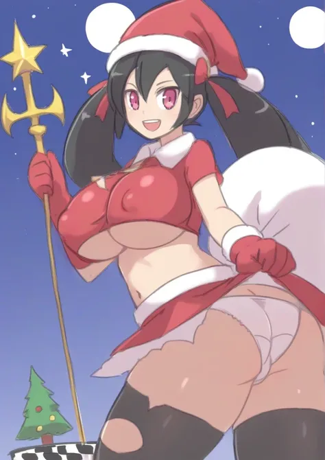 1girl,:d, ass, black hair, breasts, card (medium), character name, chess piece, christmas, christmas tree, covered nipples, fur trim, gloves, hair ribbon, hat, king (chess), large breasts, long hair, midriff, moon, navel, open mouth, panties, pink eyes, po...