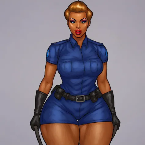 1girl, solo, dark skin, medium breasts, brown hair, police uniform, makeup, lipstick, front view, breasts, nose, thick thighs, big ass,