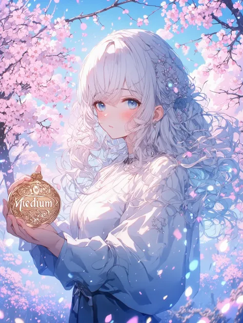 girl with flowing white hair gracefully holding an object engraved with the word medium. She stands against a vibrant, dreamy background featuring pastel-colored skies, blooming cherry blossoms, and softly glowing fairy lights. The scene exudes a magical a...